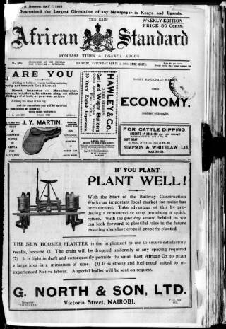cover page of East African Standard published on April 1, 1922