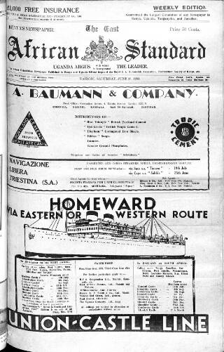 cover page of East African Standard published on June 16, 1934