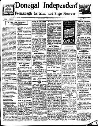 cover page of Donegal Independent published on June 13, 1914