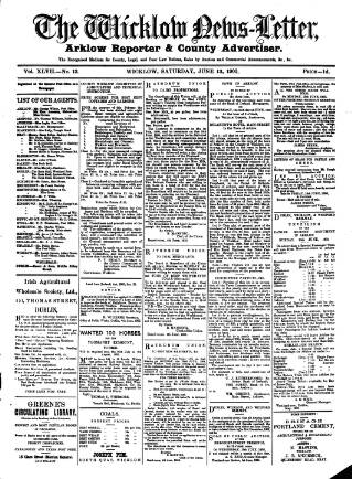 cover page of Wicklow News-Letter and County Advertiser published on June 13, 1903