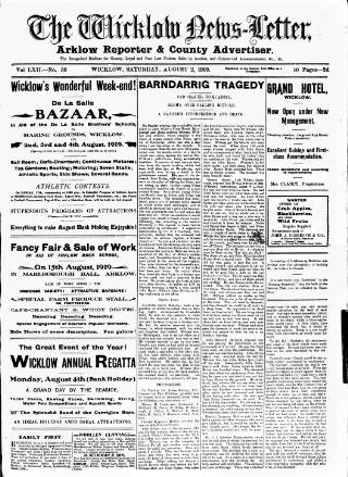 cover page of Wicklow News-Letter and County Advertiser published on August 2, 1919