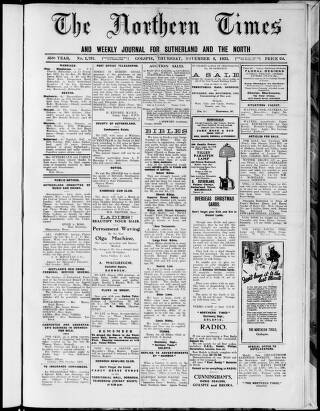 cover page of Northern Times and Weekly Journal for Sutherland and the North published on November 2, 1933