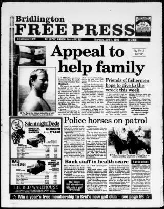 cover page of Bridlington Free Press published on April 1, 1993