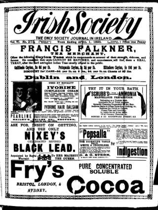 cover page of Irish Society (Dublin) published on April 1, 1893