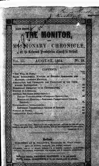cover page of Monitor and Missionary Chronicle published on August 1, 1854