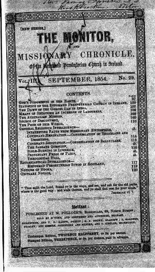 cover page of Monitor and Missionary Chronicle published on September 1, 1854