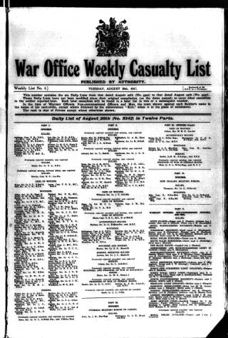 cover page of Weekly Casualty List (War Office & Air Ministry ) published on August 28, 1917