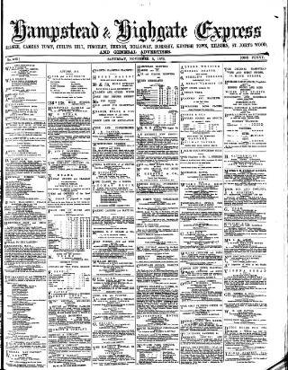 cover page of Hampstead & Highgate Express published on November 2, 1872