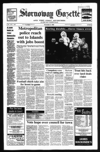 cover page of Stornoway Gazette and West Coast Advertiser published on November 2, 1995