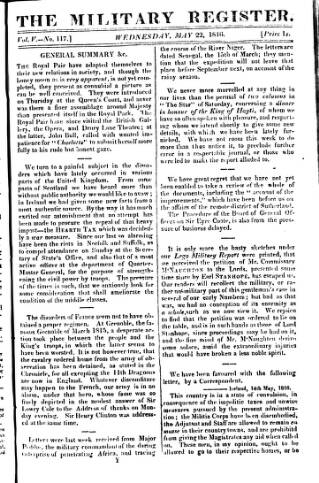 cover page of Military Register published on May 22, 1816