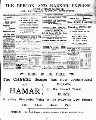 cover page of Brecon and Radnor Express and Carmarthen Gazette published on August 26, 1897