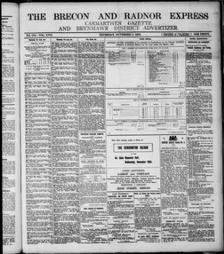 cover page of Brecon and Radnor Express and Carmarthen Gazette published on November 2, 1905