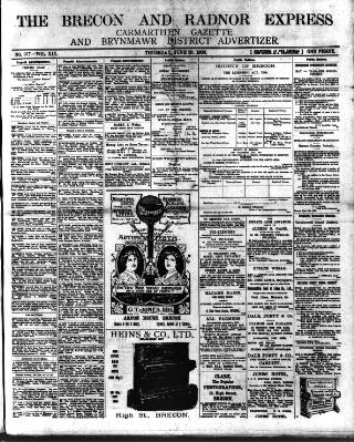 cover page of Brecon and Radnor Express and Carmarthen Gazette published on June 25, 1908