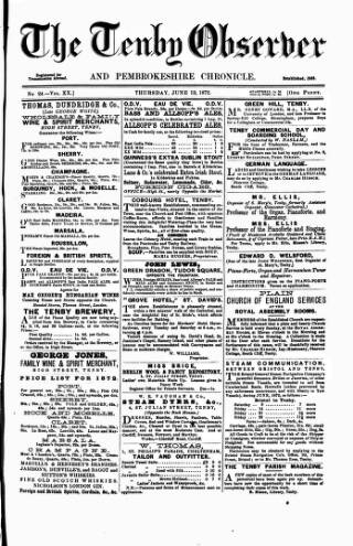 cover page of Tenby Observer published on June 13, 1872