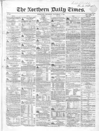 cover page of Northern Daily Times published on November 2, 1854