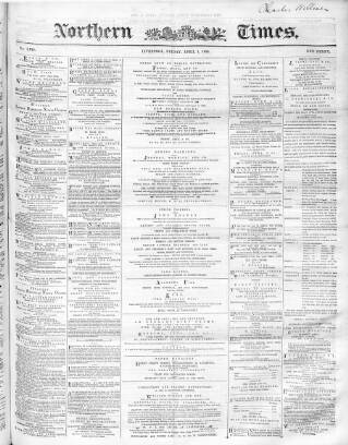 cover page of Northern Daily Times published on April 1, 1859