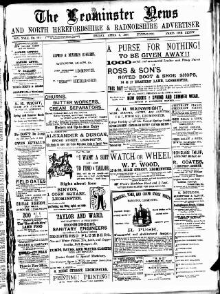 cover page of Leominster News and North West Herefordshire & Radnorshire Advertiser published on April 1, 1898