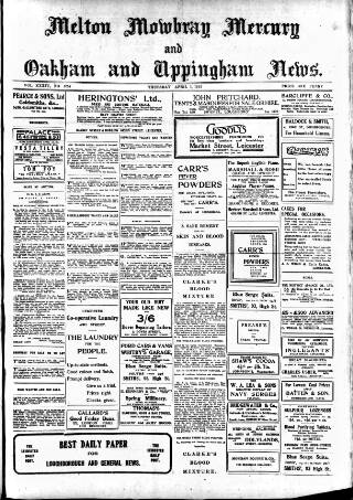 cover page of Melton Mowbray Mercury and Oakham and Uppingham News published on April 1, 1915