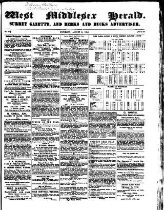 cover page of West Middlesex Herald published on August 2, 1856