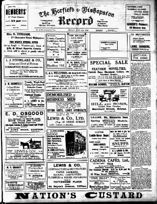 cover page of Horfield and Bishopston Record and Montepelier & District Free Press published on June 13, 1919
