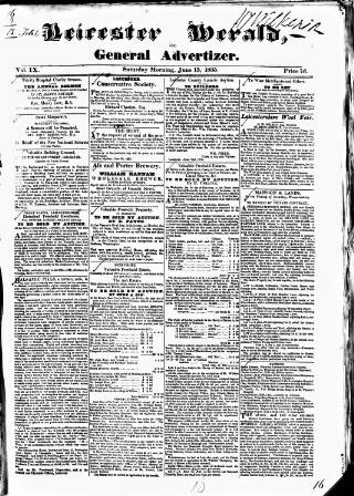 cover page of Leicester Herald published on June 13, 1835