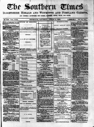 cover page of Southern Times and Dorset County Herald published on August 2, 1873