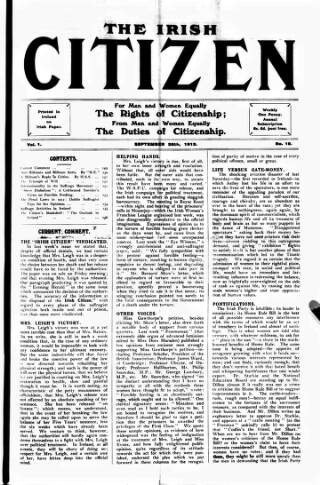 cover page of Irish Citizen published on September 28, 1912