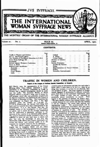 cover page of International Woman Suffrage News published on April 1, 1927