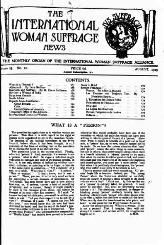 cover page of International Woman Suffrage News published on August 2, 1929