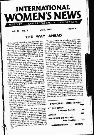 cover page of International Woman Suffrage News published on June 1, 1945
