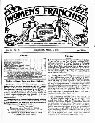 cover page of Women's Franchise published on April 1, 1909