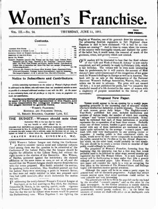 cover page of Women's Franchise published on June 15, 1911