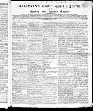 cover page of Baldwin's London Weekly Journal published on April 1, 1820
