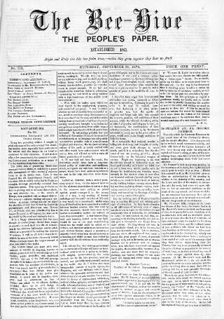 cover page of Bee-Hive published on September 21, 1872