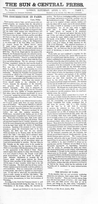 cover page of Sun & Central Press published on April 1, 1871