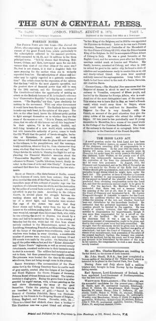 cover page of Sun & Central Press published on August 2, 1872