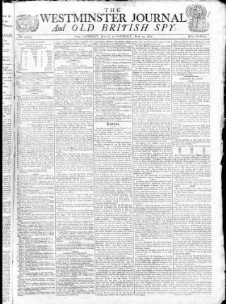 cover page of Westminster Journal and Old British Spy published on June 13, 1807