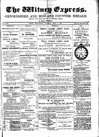 cover page of Witney Express and Oxfordshire and Midland Counties Herald published on April 1, 1886