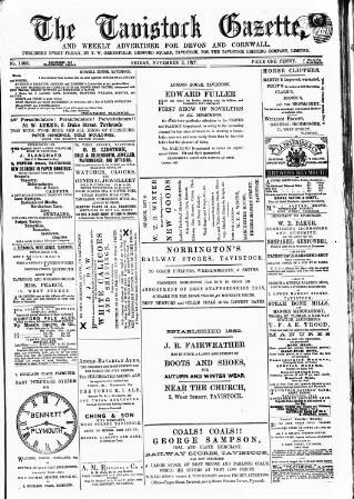 cover page of Tavistock Gazette published on November 2, 1877