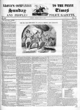 cover page of Lloyd's Companion to the Penny Sunday Times and Peoples' Police Gazette published on April 21, 1844