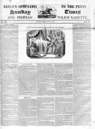 cover page of Lloyd's Companion to the Penny Sunday Times and Peoples' Police Gazette published on April 13, 1845