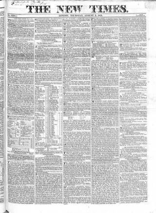 cover page of New Times (London) published on August 2, 1821