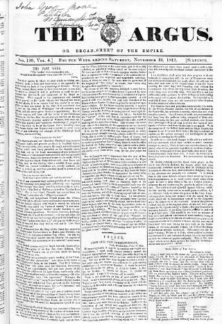 cover page of Argus, or, Broad-sheet of the Empire published on November 19, 1842