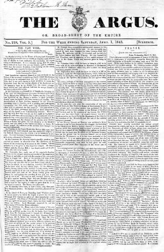 cover page of Argus, or, Broad-sheet of the Empire published on April 1, 1843