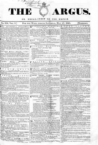cover page of Argus, or, Broad-sheet of the Empire published on May 27, 1843