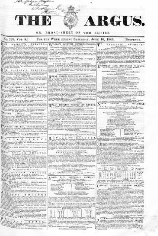 cover page of Argus, or, Broad-sheet of the Empire published on June 10, 1843