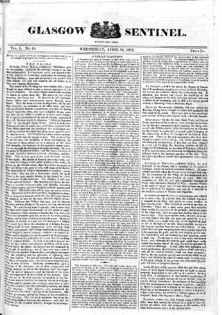 cover page of Glasgow Sentinel 1821 published on April 24, 1822