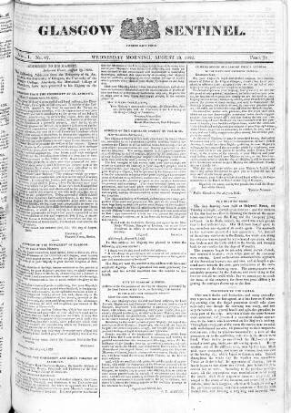 cover page of Glasgow Sentinel published on August 28, 1822