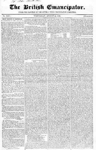 cover page of British Emancipator published on August 22, 1838