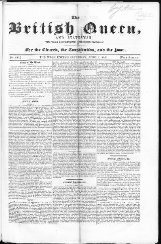 cover page of Weekly True Sun published on April 1, 1843
